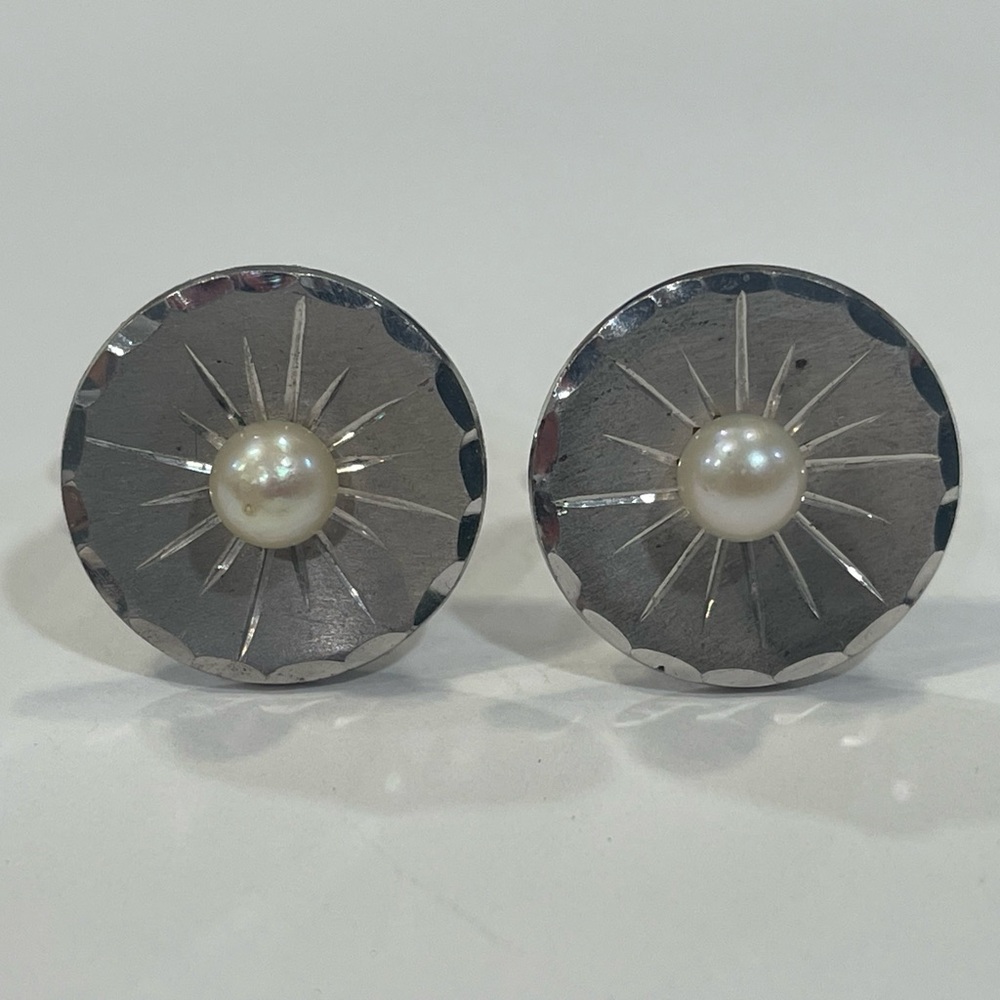 Sterling Silver & Pearl Cuff Links Mid Century Modern Round Starburst
